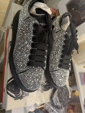 Alexander McQueen Black Sneakers with Silver Crystal Embellishment